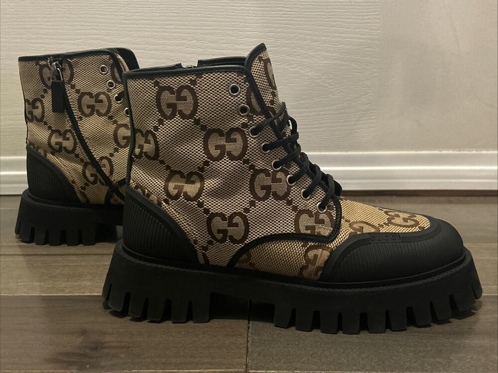 AUTHENTIC GUCCI MAXI JUMBO GG SUPREME CANVAS COMBAT BOOTS 699970 Sz GG 8 (US 9)